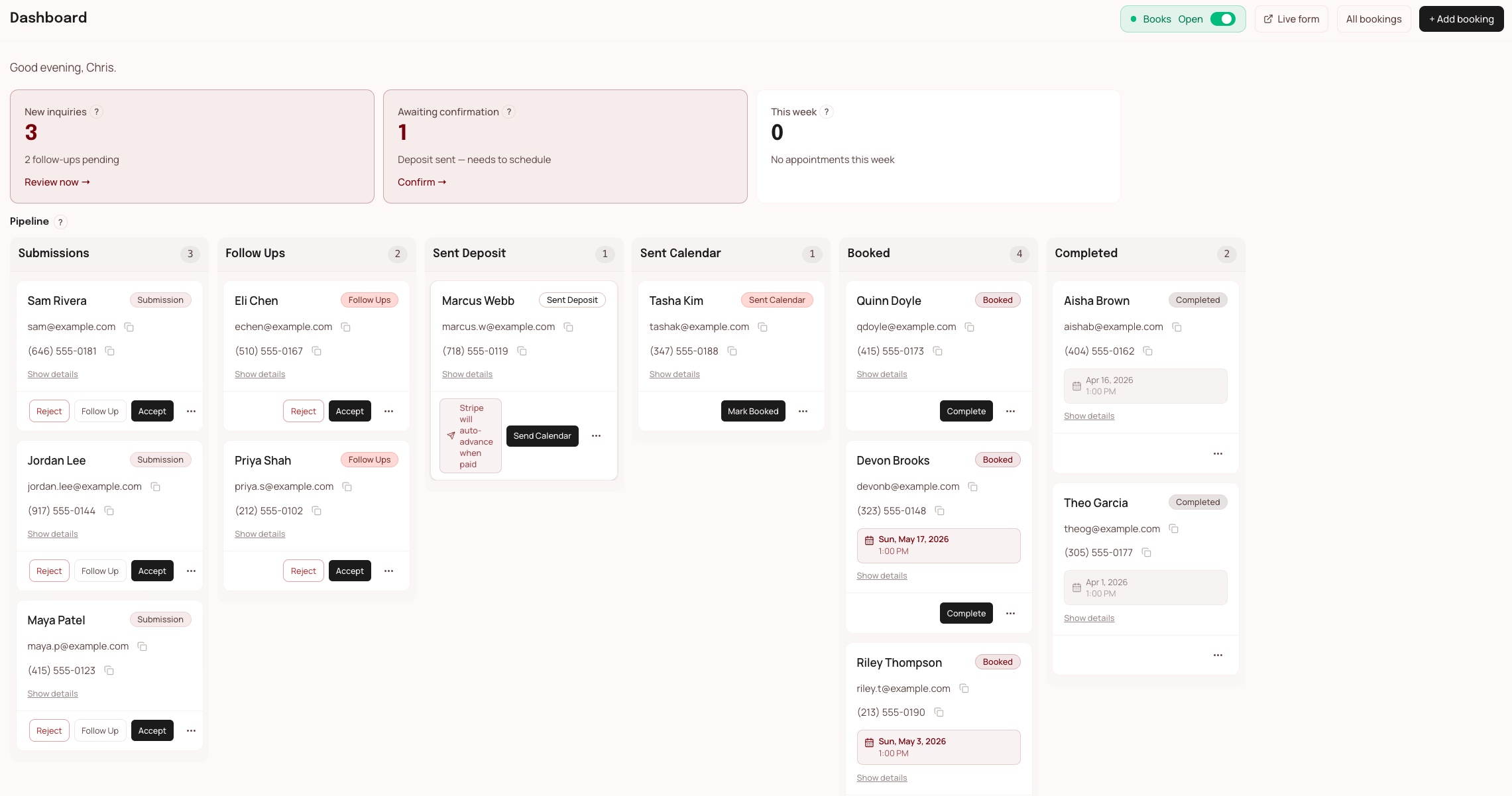 FlashBooker dashboard