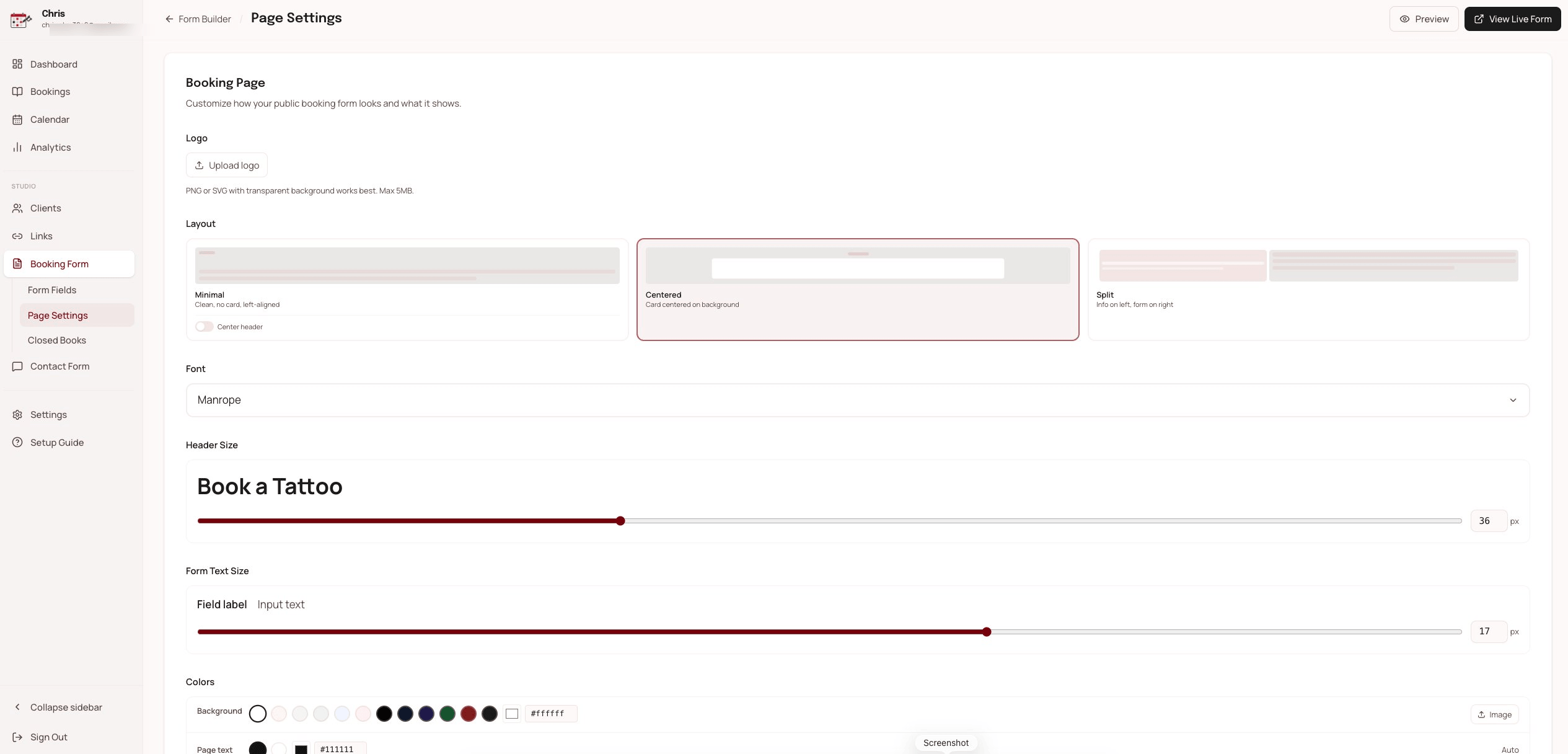 Booking page customizer